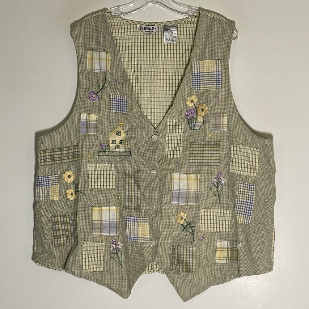 VTG Vintage Victoria Jones Vest Womans 20W Floral Patchwork Plaid Cotton 90s Y2K